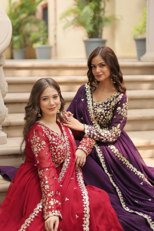 Breathtaking Faux Georgette Sequins Zari Worked Designer Gown - Ethnicwish