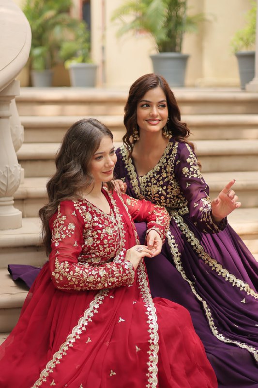 Breathtaking Faux Georgette Sequins Zari Worked Designer Gown - Ethnicwish