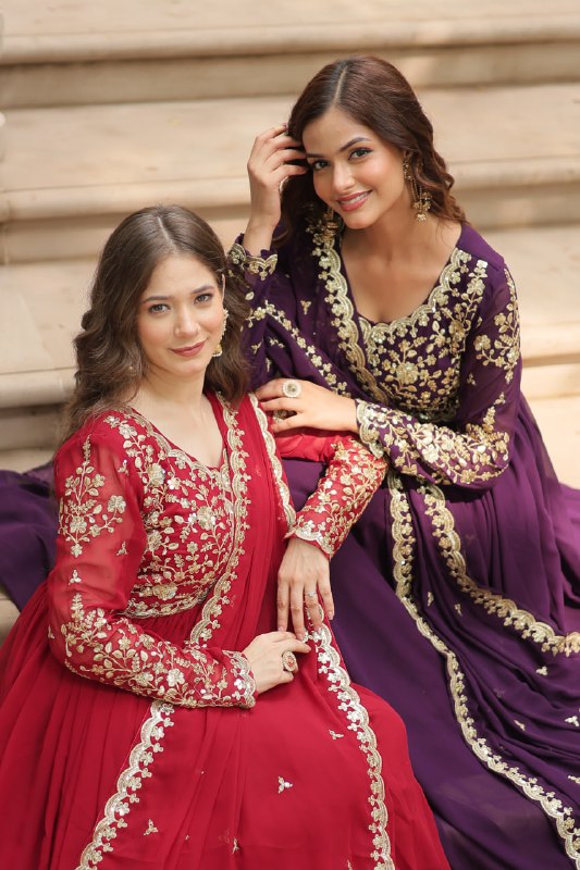 Breathtaking Faux Georgette Sequins Zari Worked Designer Gown - Ethnicwish