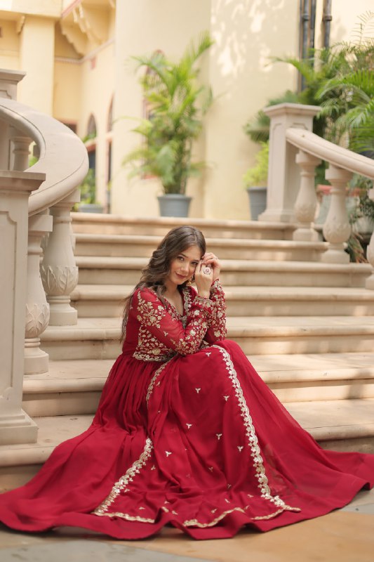 Breathtaking Faux Georgette Sequins Zari Worked Designer Gown - Ethnicwish