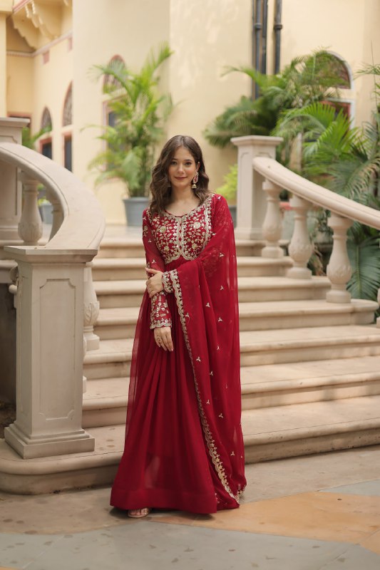 Breathtaking Faux Georgette Sequins Zari Worked Designer Gown - Ethnicwish