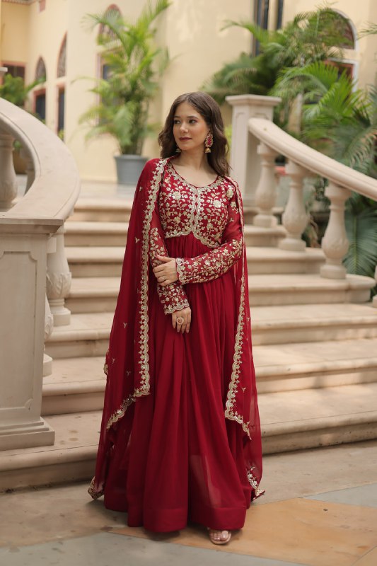 Breathtaking Faux Georgette Sequins Zari Worked Designer Gown - Ethnicwish
