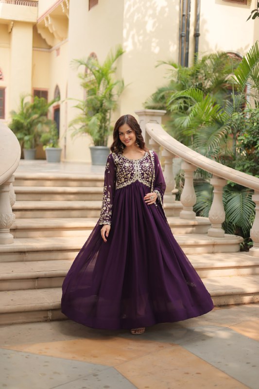 Breathtaking Faux Georgette Sequins Zari Worked Designer Gown - Ethnicwish