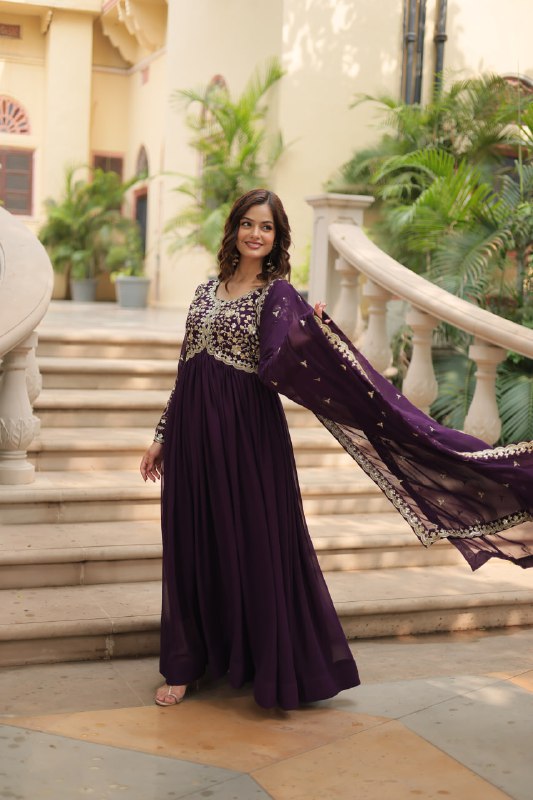 Breathtaking Faux Georgette Sequins Zari Worked Designer Gown - Ethnicwish