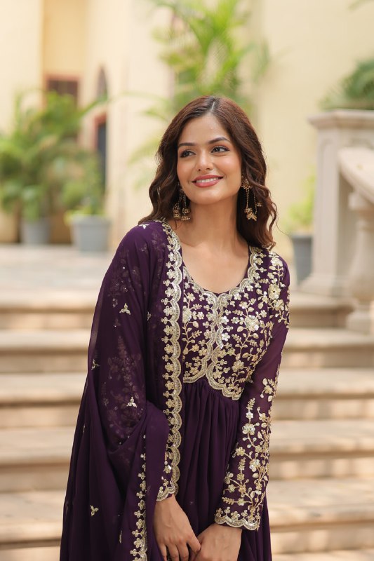 Breathtaking Faux Georgette Sequins Zari Worked Designer Gown - Ethnicwish