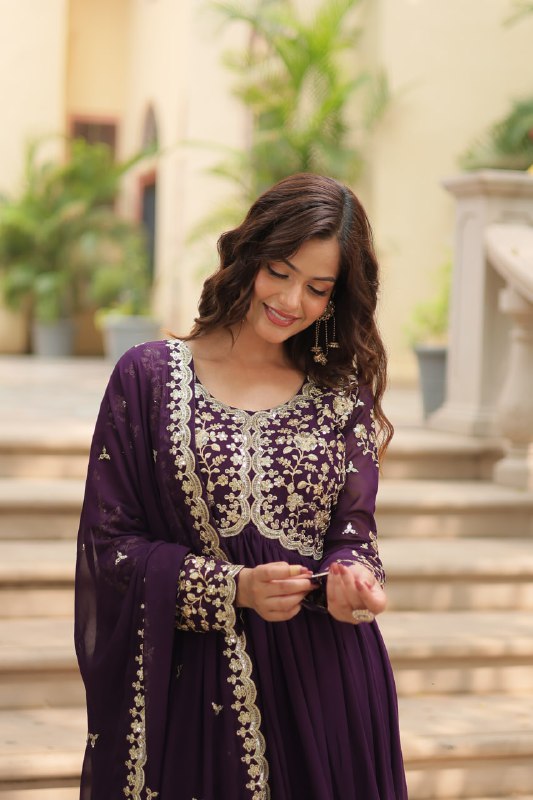 Breathtaking Faux Georgette Sequins Zari Worked Designer Gown - Ethnicwish