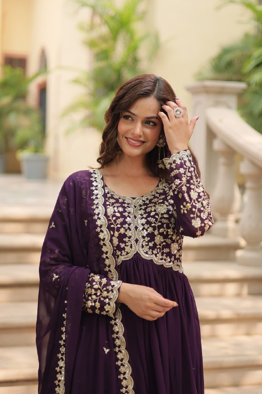 Breathtaking Faux Georgette Sequins Zari Worked Designer Gown - Ethnicwish