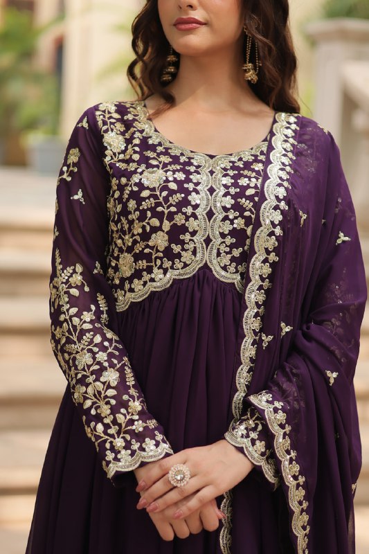 Breathtaking Faux Georgette Sequins Zari Worked Designer Gown - Ethnicwish