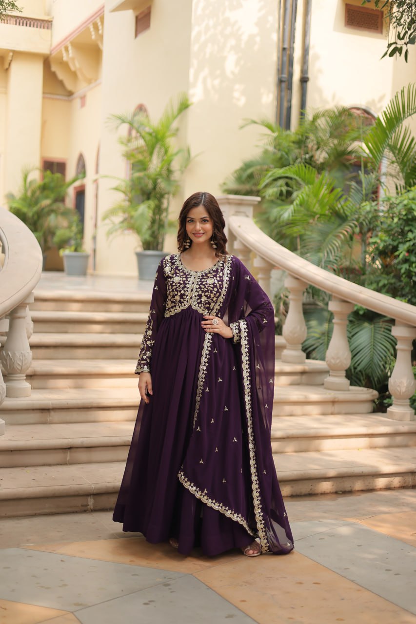 Breathtaking Faux Georgette Sequins Zari Worked Designer Gown - Ethnicwish