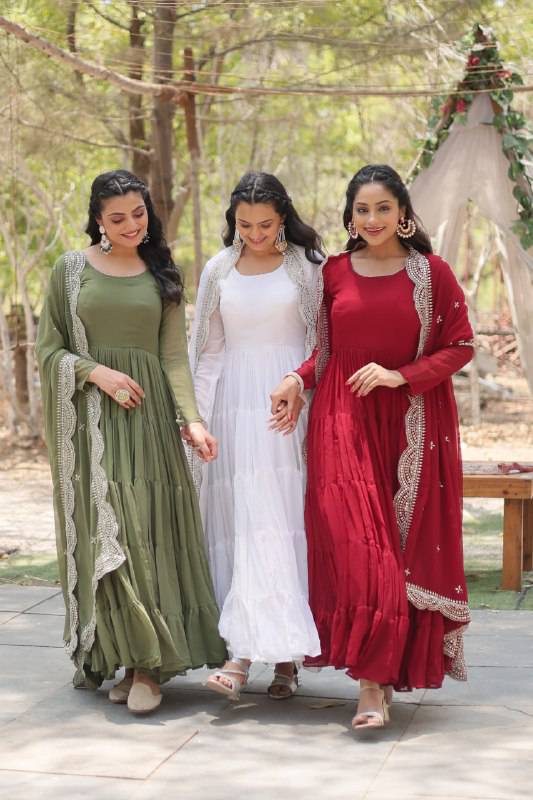 Delightful Faux Georgette 15 Meter Flared Fully Stitched Ruffle Gown - Ethnicwish