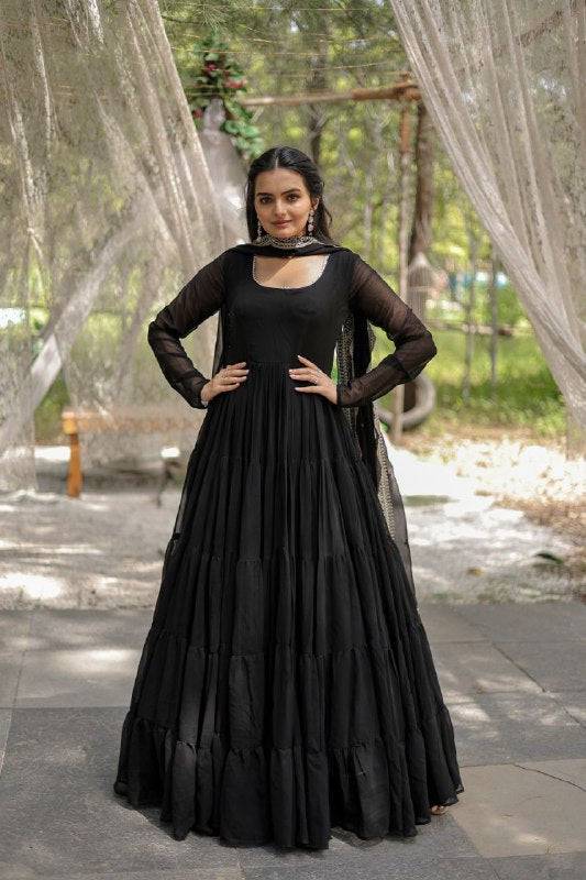 Delightful Faux Georgette 15 Meter Flared Fully Stitched Ruffle Gown - Ethnicwish