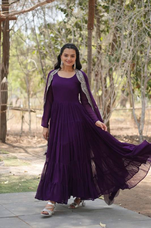 Delightful Faux Georgette 15 Meter Flared Fully Stitched Ruffle Gown - Ethnicwish