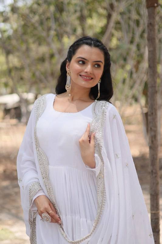 Delightful Faux Georgette 15 Meter Flared Fully Stitched Ruffle Gown - Ethnicwish