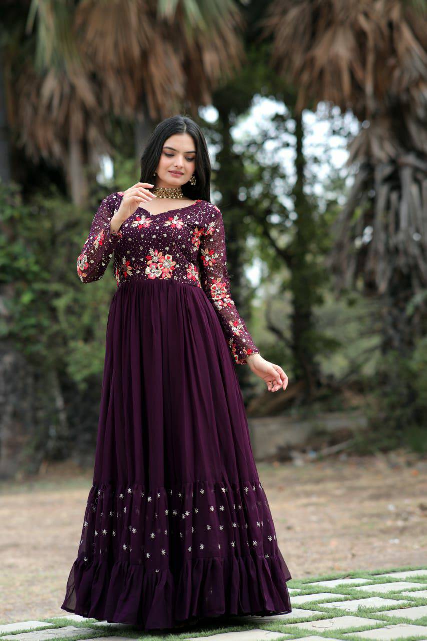 Prepossessing Wine Faux Georgette Sequins Worked Designer Gown - Ethnicwish