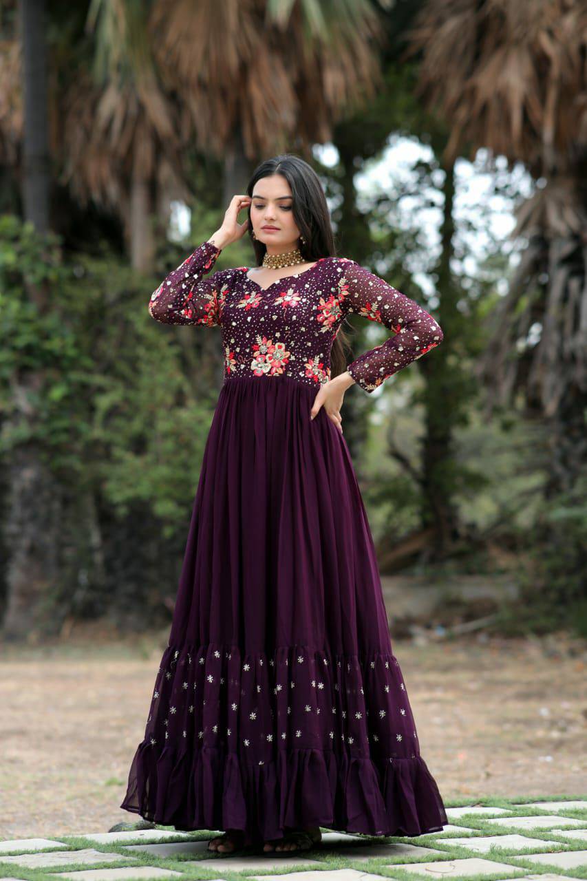 Prepossessing Wine Faux Georgette Sequins Worked Designer Gown - Ethnicwish