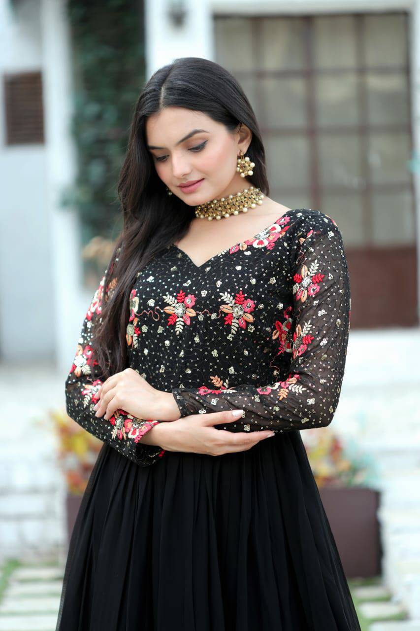 Prepossessing Wine Faux Georgette Sequins Worked Designer Gown - Ethnicwish