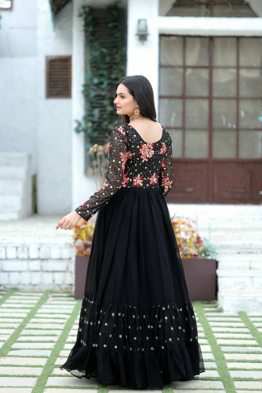 Prepossessing Wine Faux Georgette Sequins Worked Designer Gown - Ethnicwish