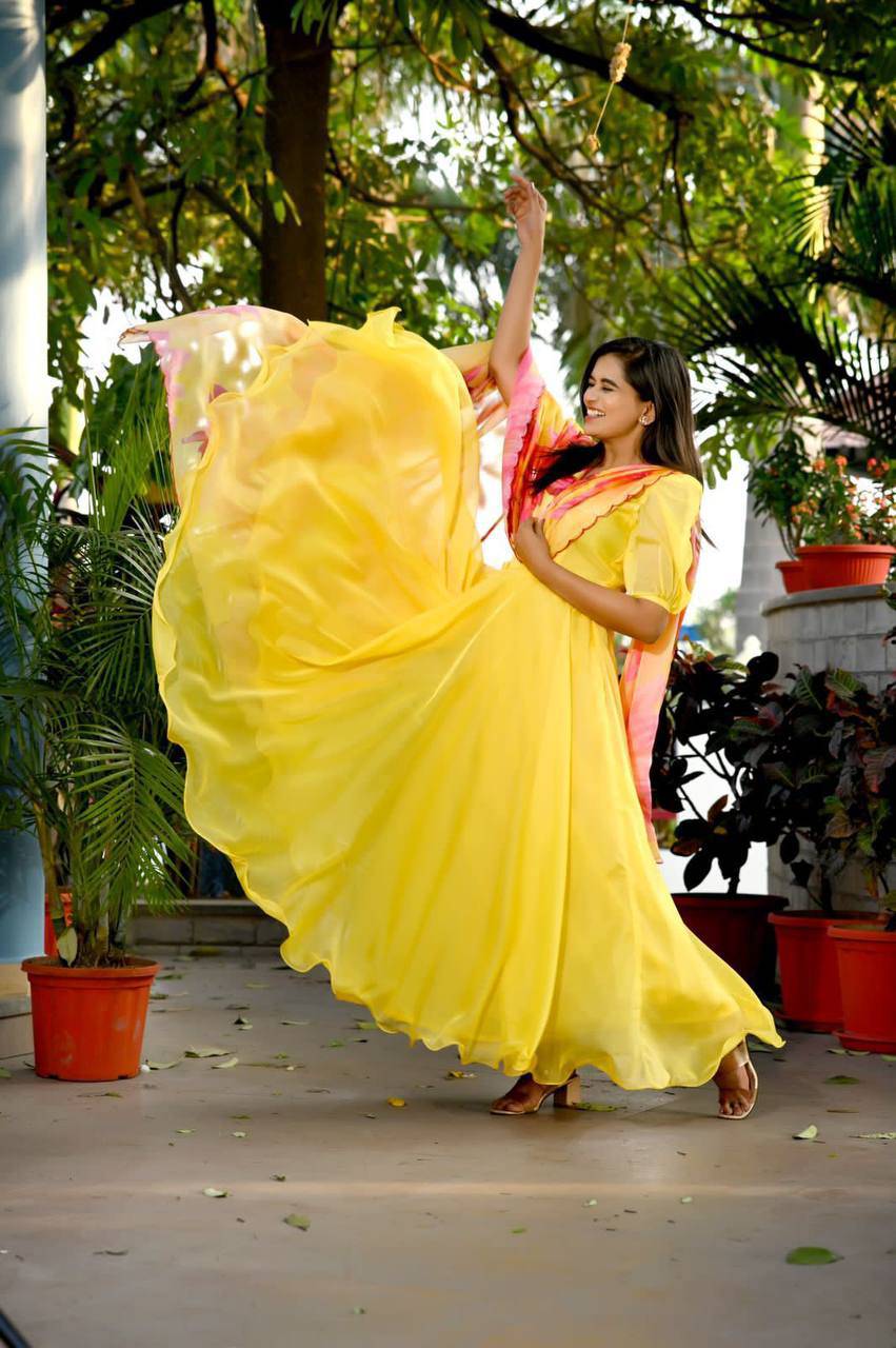 Spectacular Tabby Silk Fully Stitched Flairy Gown With Dupatta - Ethnicwish