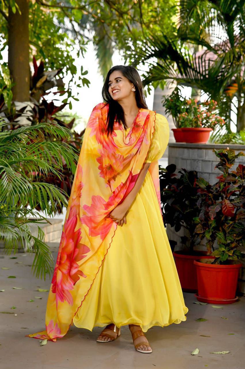 Spectacular Tabby Silk Fully Stitched Flairy Gown With Dupatta - Ethnicwish