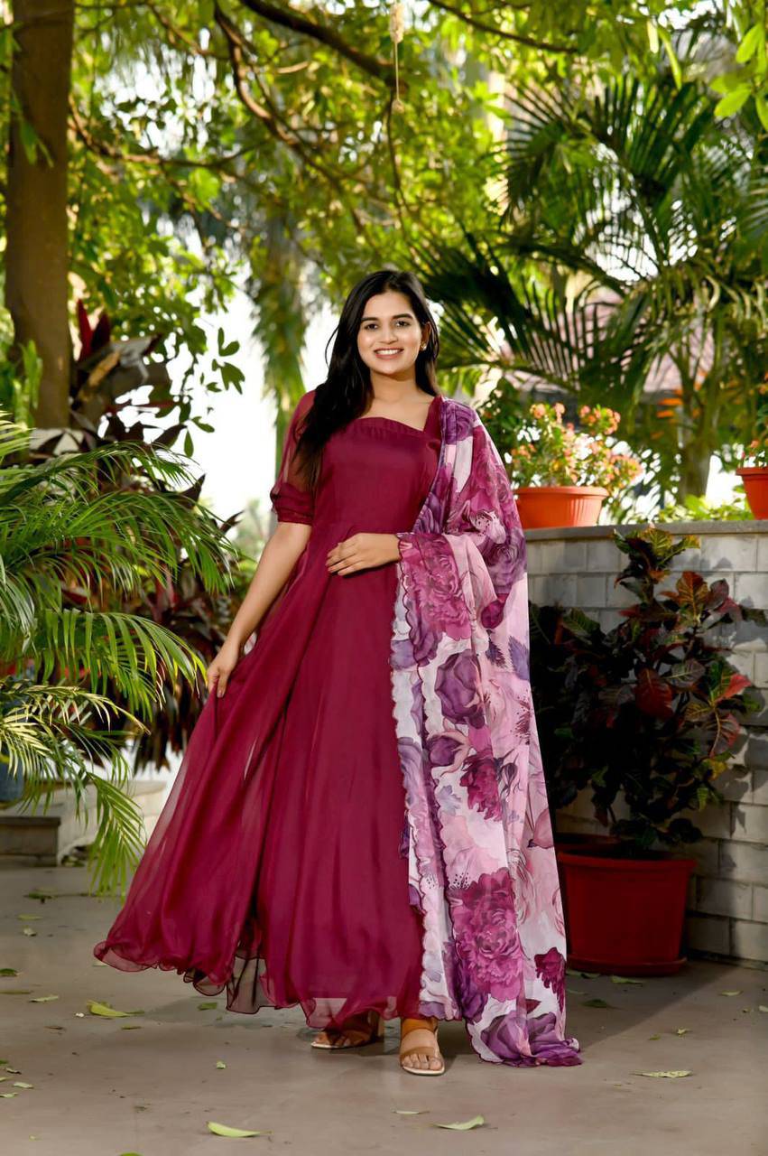 Spectacular Tabby Silk Fully Stitched Flairy Gown With Dupatta - Ethnicwish