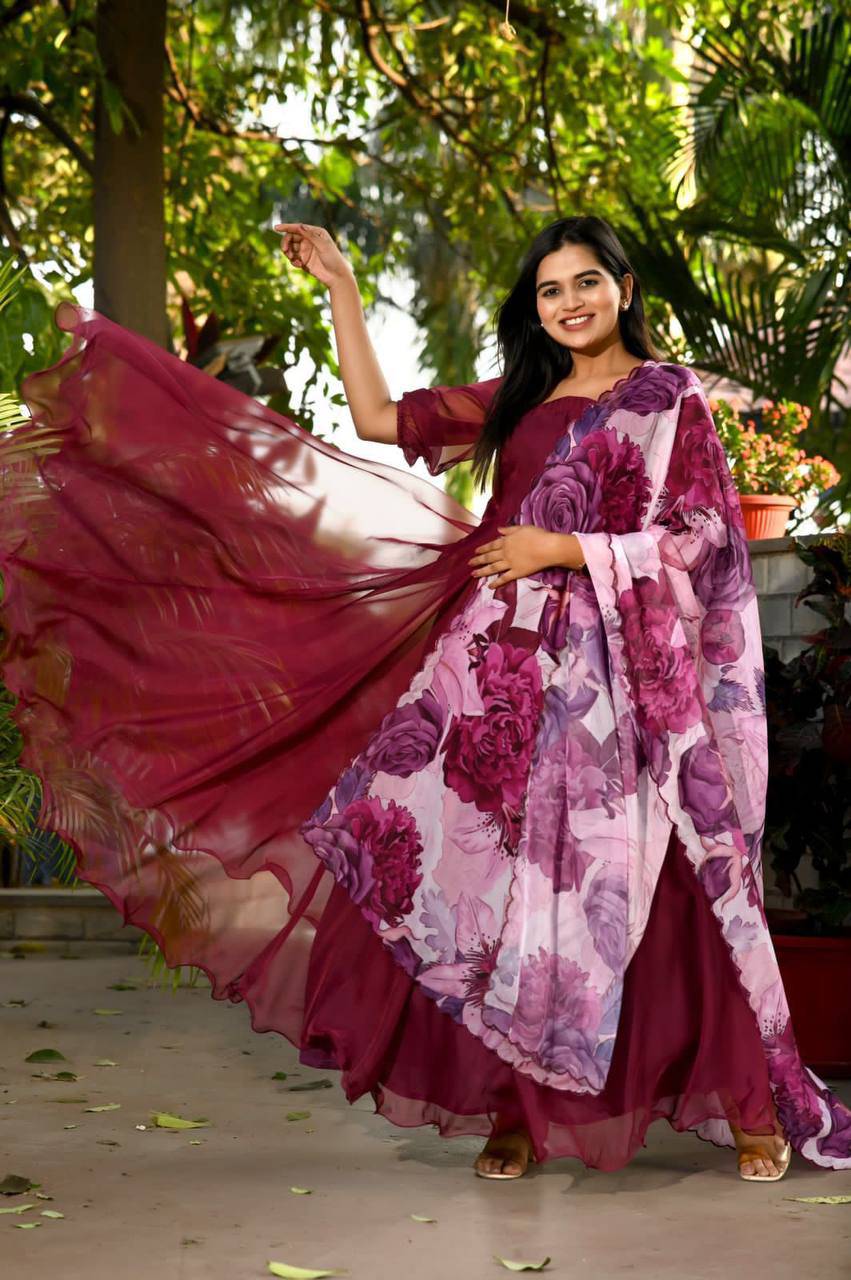 Spectacular Tabby Silk Fully Stitched Flairy Gown With Dupatta - Ethnicwish