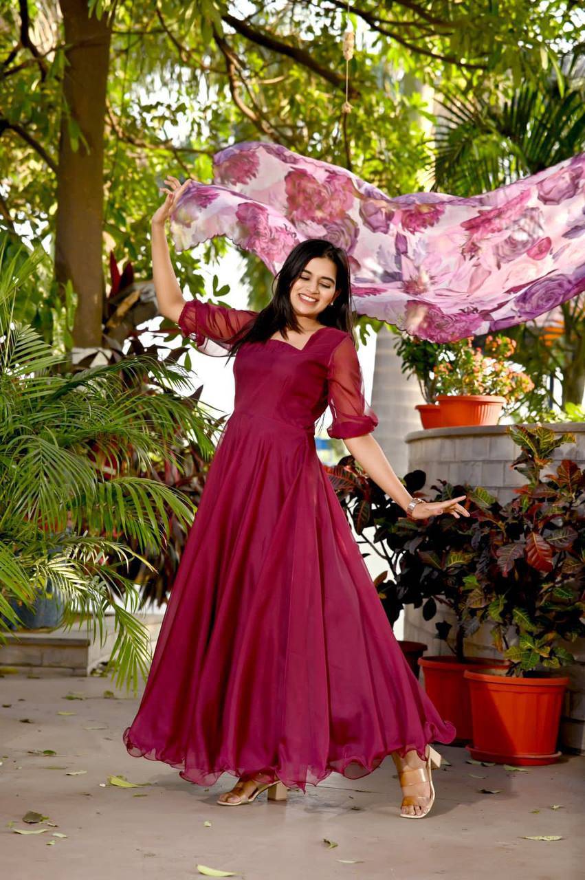Spectacular Tabby Silk Fully Stitched Flairy Gown With Dupatta - Ethnicwish