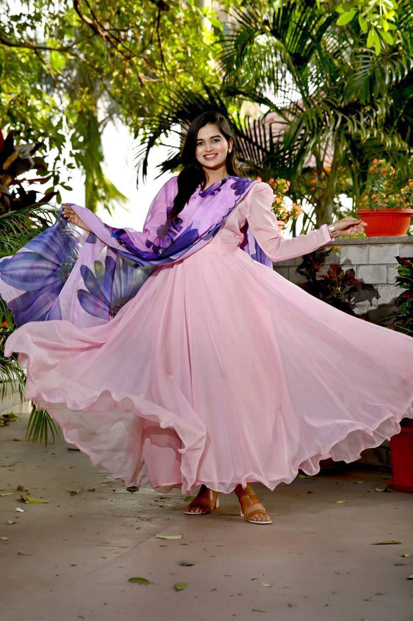 Spectacular Tabby Silk Fully Stitched Flairy Gown With Dupatta - Ethnicwish