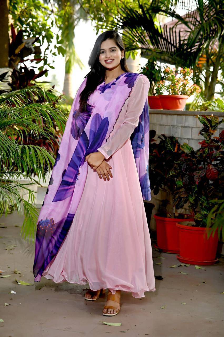 Spectacular Tabby Silk Fully Stitched Flairy Gown With Dupatta - Ethnicwish