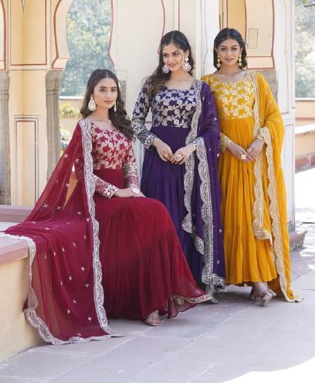 Enticing Faux Georgette Sequins Embroidered Festive Wear Gown - Ethnicwish