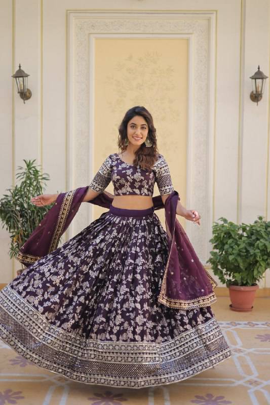 Fascinating Pure Viscous Jacquard Sequins Embroidered Lehenga Choli - Ethnicwish