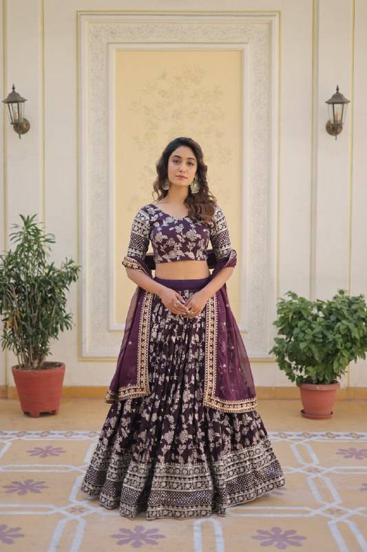 Fascinating Pure Viscous Jacquard Sequins Embroidered Lehenga Choli - Ethnicwish