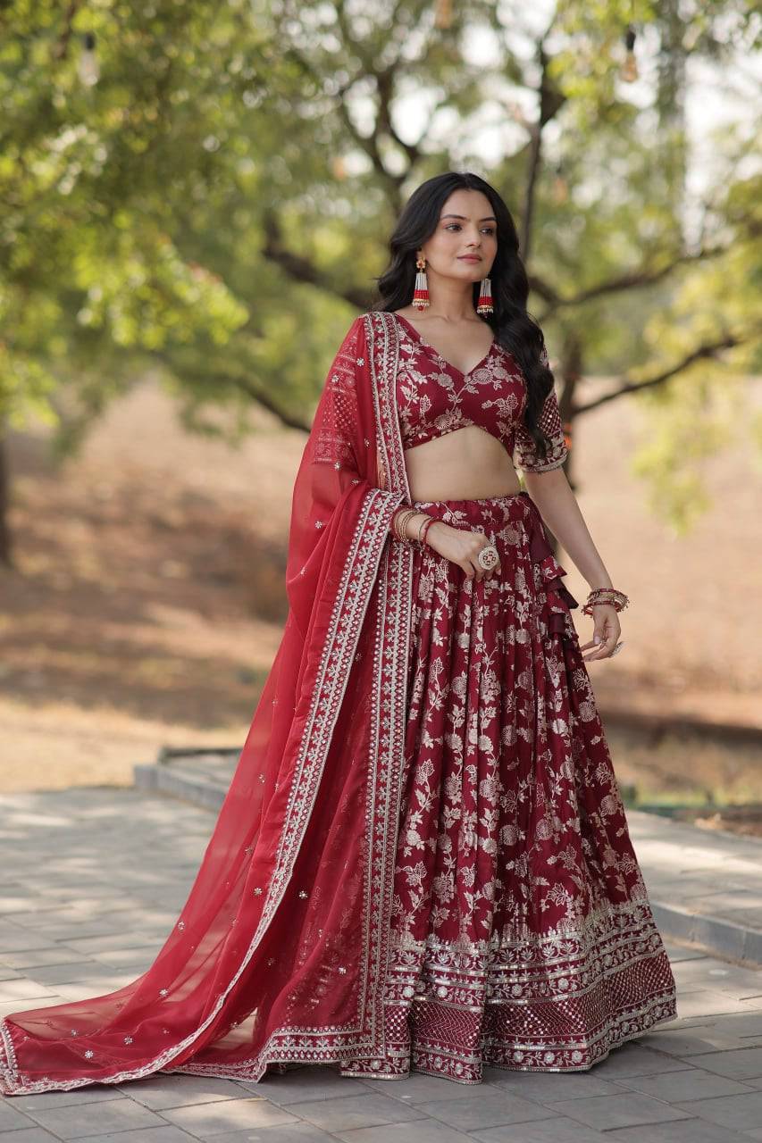 Fascinating Pure Viscous Jacquard Sequins Embroidered Lehenga Choli - Ethnicwish