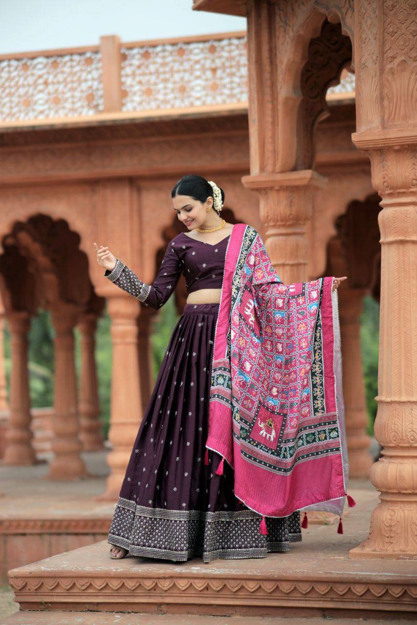 Unique Silk Sequins Embroidered Lehenga Choli Set - Ethnicwish