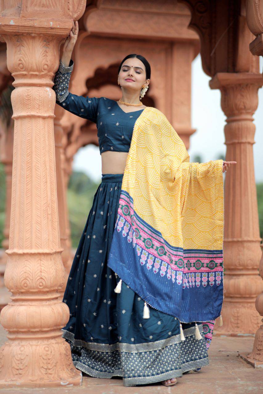 Unique Silk Sequins Embroidered Lehenga Choli Set - Ethnicwish