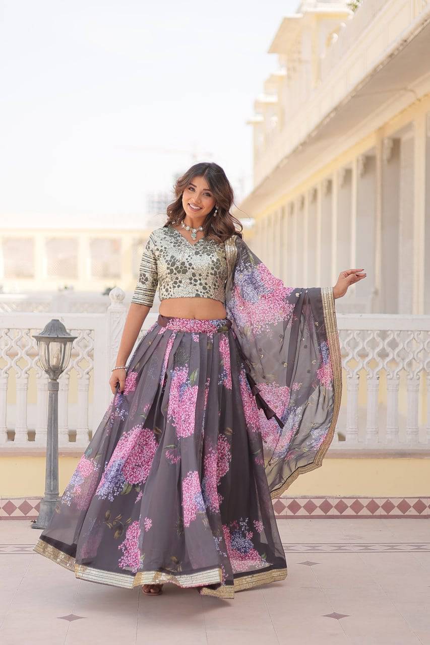 Heavenly Russian Silk Floral Sequins Embroidered Lehenga Choli - Ethnicwish