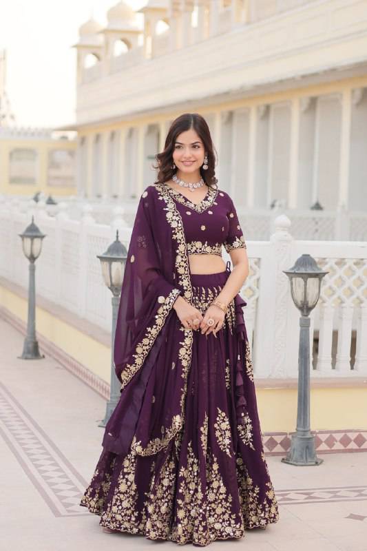 Graceful Wine Faux Georgette Wedding Wear Lehenga Choli - Ethnicwish