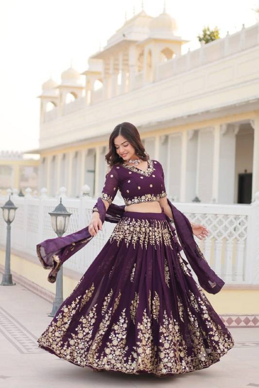 Graceful Wine Faux Georgette Wedding Wear Lehenga Choli - Ethnicwish