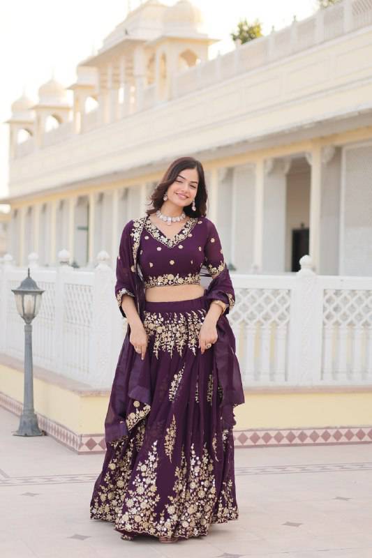 Graceful Wine Faux Georgette Wedding Wear Lehenga Choli - Ethnicwish