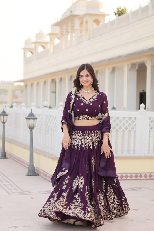 Graceful Wine Faux Georgette Wedding Wear Lehenga Choli - Ethnicwish