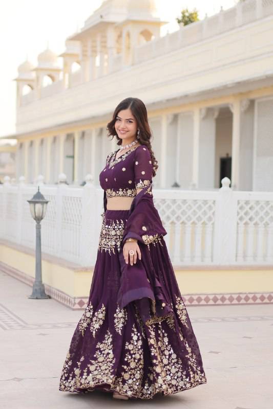 Graceful Wine Faux Georgette Wedding Wear Lehenga Choli - Ethnicwish