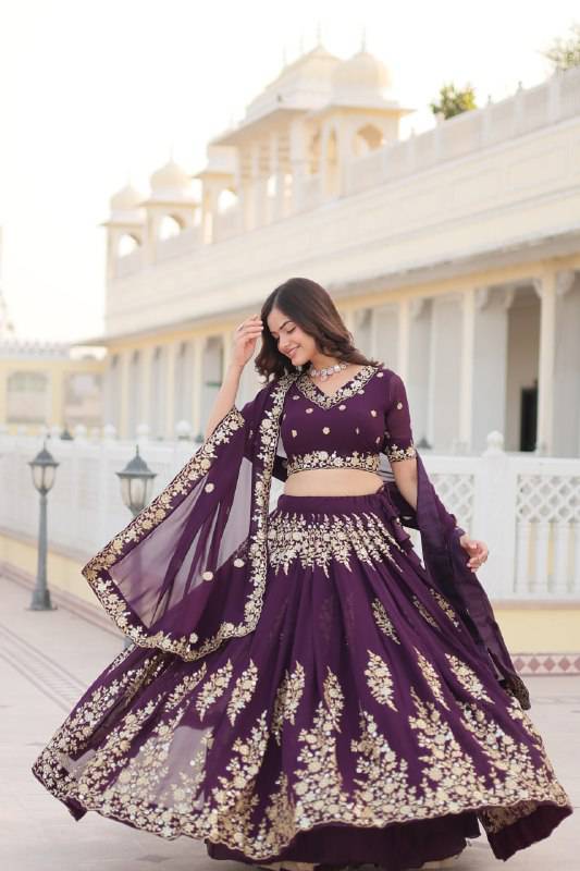 Graceful Wine Faux Georgette Wedding Wear Lehenga Choli - Ethnicwish