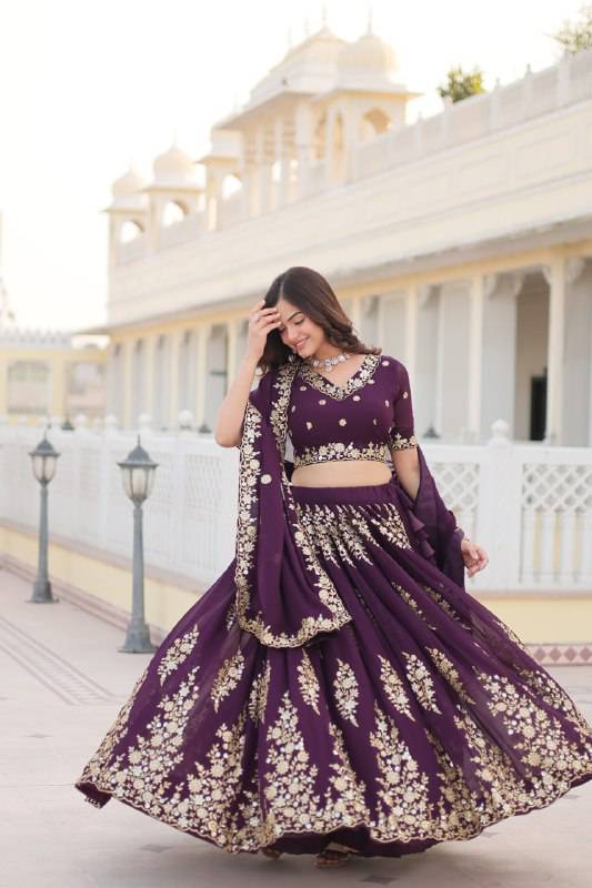 Graceful Wine Faux Georgette Wedding Wear Lehenga Choli - Ethnicwish
