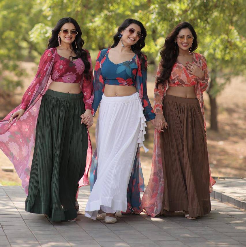 Alluring Faux Georgette Floral Printed Blouse Lehenga Shrug Set - Ethnicwish