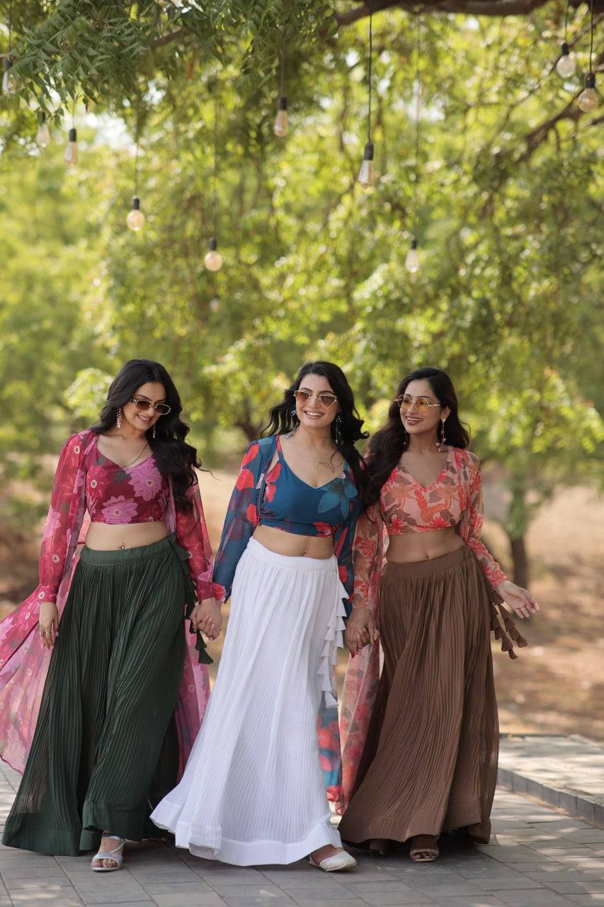 Alluring Faux Georgette Floral Printed Blouse Lehenga Shrug Set - Ethnicwish