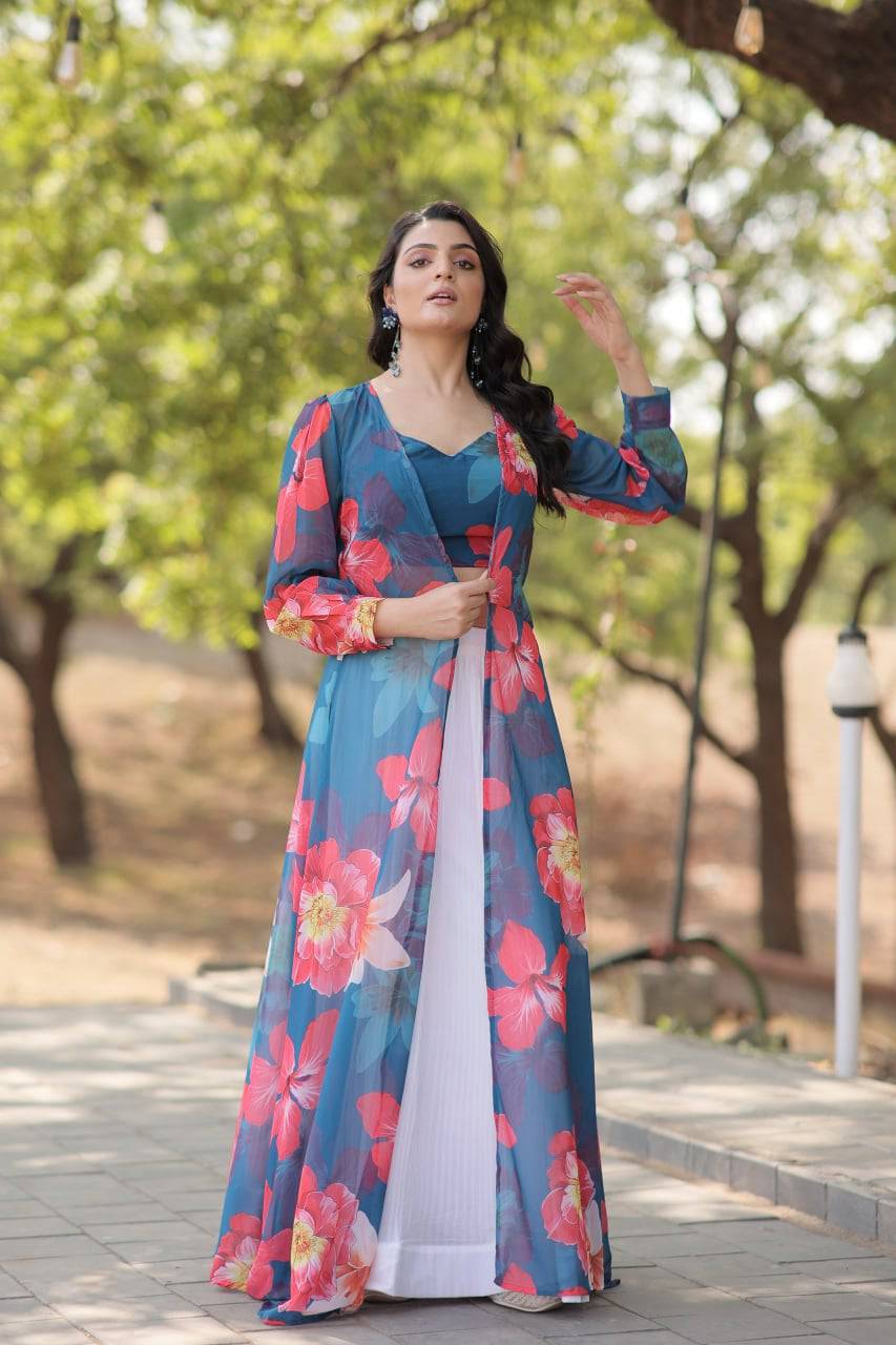 Alluring Faux Georgette Floral Printed Blouse Lehenga Shrug Set - Ethnicwish