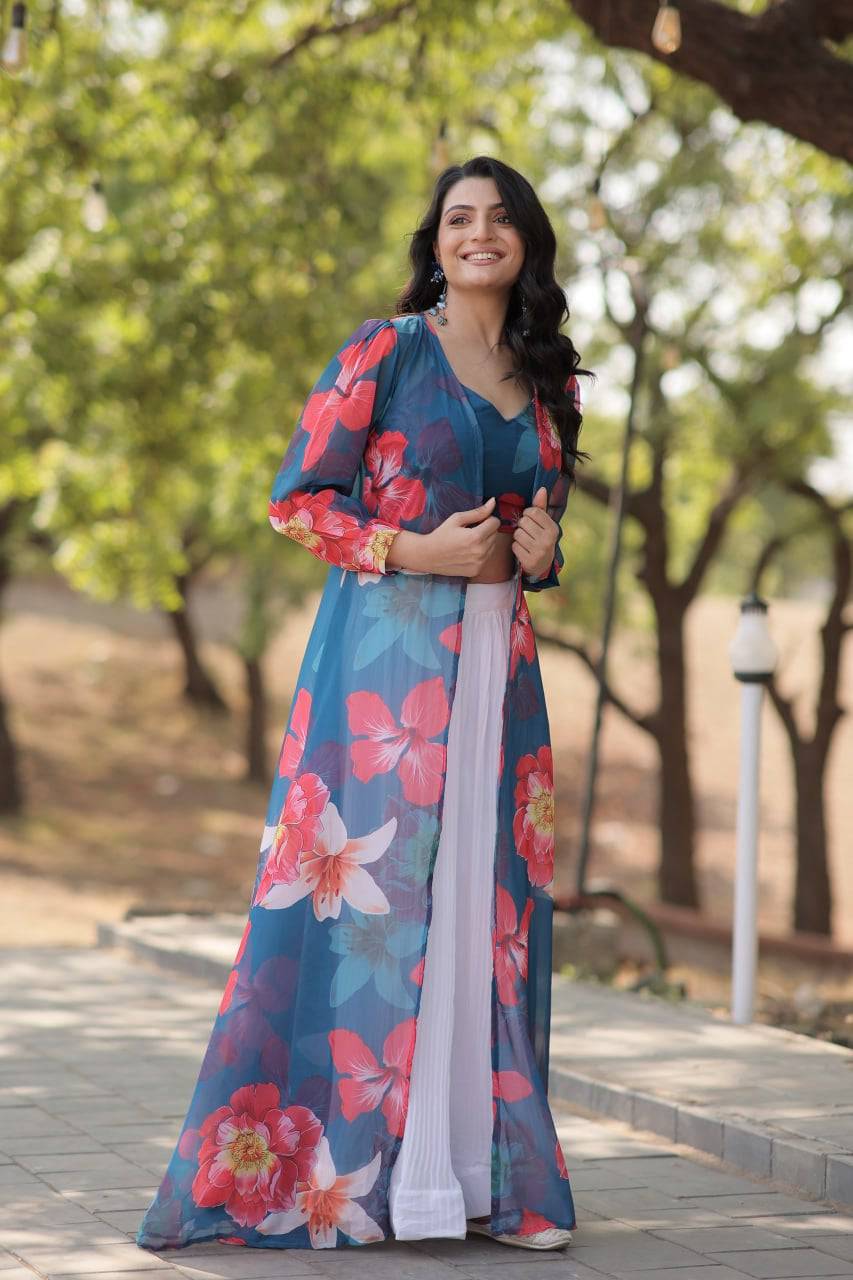 Alluring Faux Georgette Floral Printed Blouse Lehenga Shrug Set - Ethnicwish