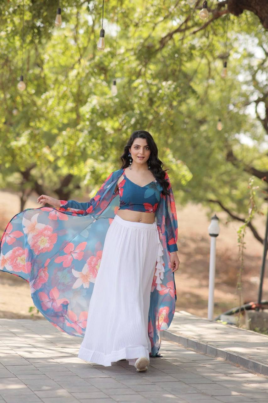 Alluring Faux Georgette Floral Printed Blouse Lehenga Shrug Set - Ethnicwish