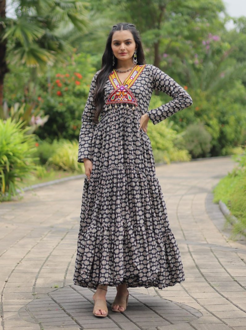 Ravishing Black Cotton Kutchi Gamthi Worked Navratri Gown - Ethnicwish