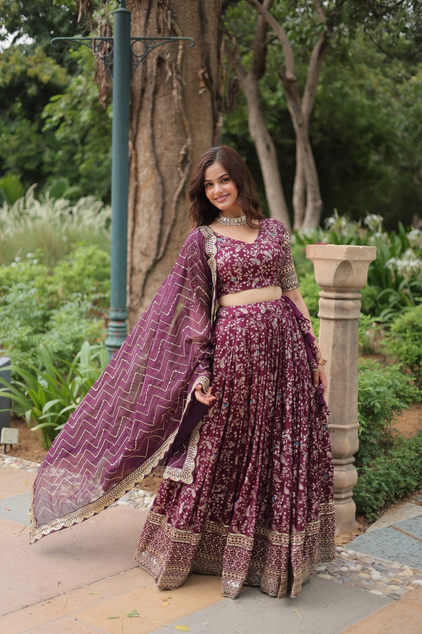 Lovely Viscous Jacquard Sequins Embroidered Lehenga Choli - Ethnicwish