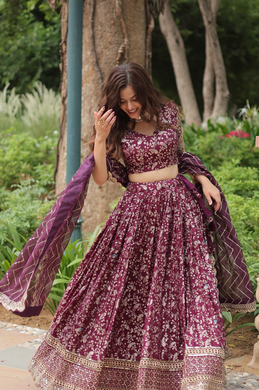 Lovely Viscous Jacquard Sequins Embroidered Lehenga Choli - Ethnicwish